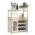 Wine Cabinet, Farmhouse Coffee Wine Bar Rack with Power Outlet & LED Light, Gold Liquor Cabinet with Detachable Rack & Glass Holder