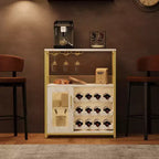 Meuble à vin, meuble de bar à café de ferme avec prise de courant et lumière LED, meuble à alcool doré avec étagère amovible et porte-verres