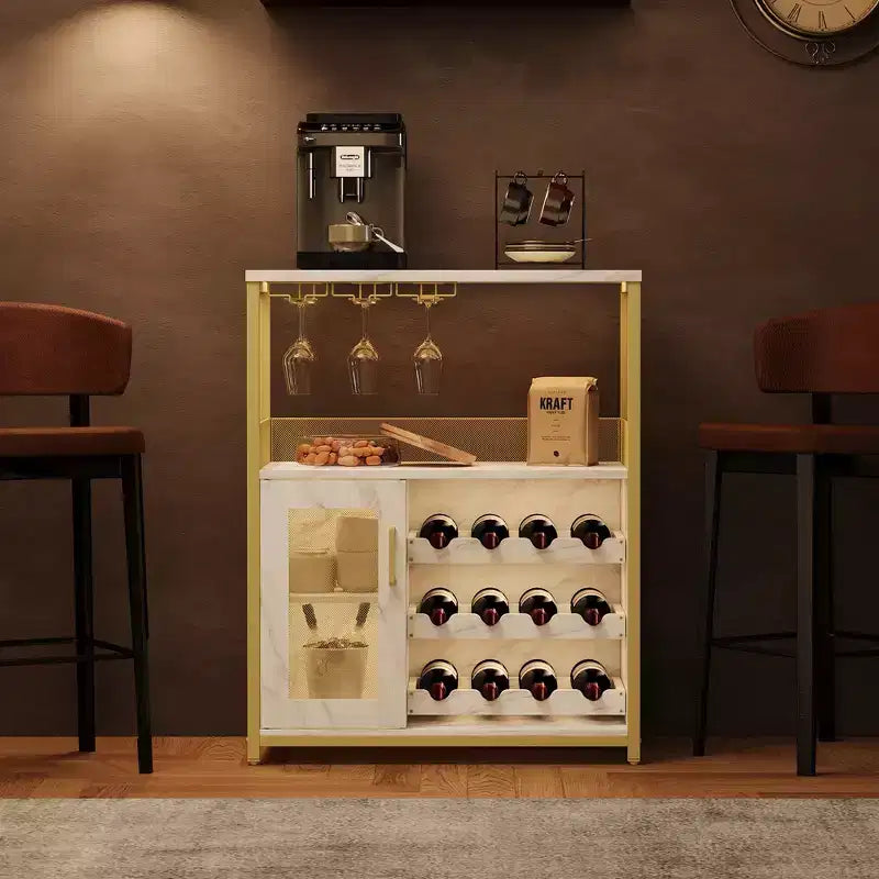 Meuble à vin, meuble de bar à café de ferme avec prise de courant et lumière LED, meuble à alcool doré avec étagère amovible et porte-verres