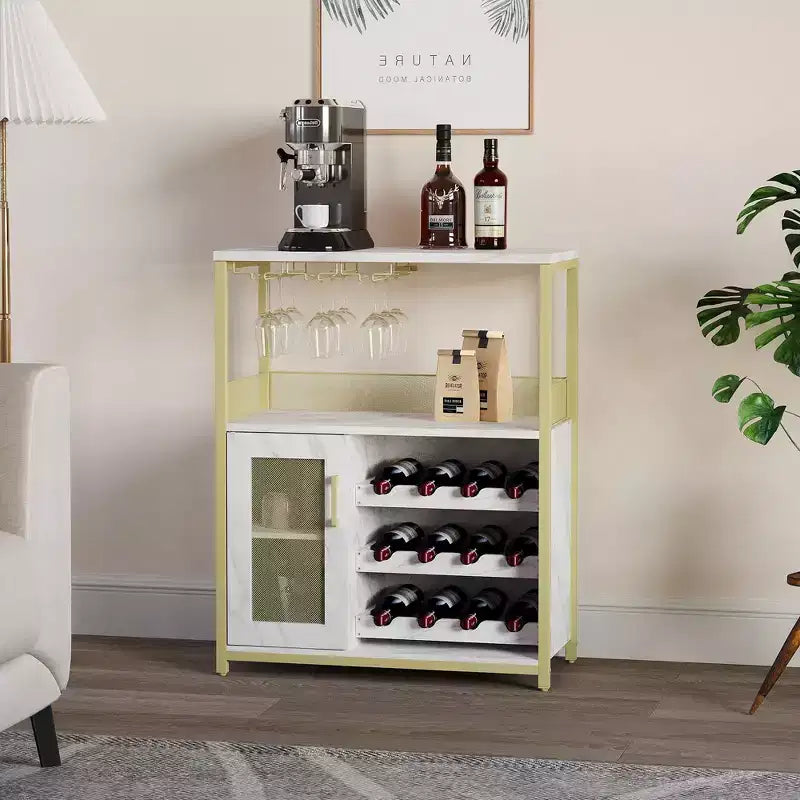 Meuble à vin, meuble de bar à café de ferme avec prise de courant et lumière LED, meuble à alcool doré avec étagère amovible et porte-verres