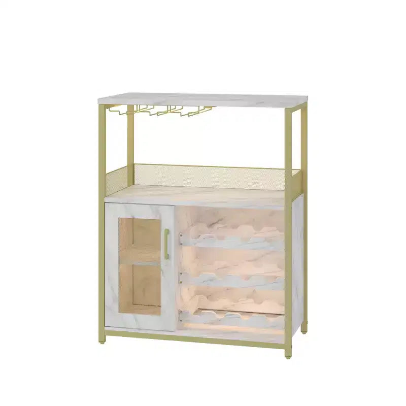 Meuble à vin, meuble de bar à café de ferme avec prise de courant et lumière LED, meuble à alcool doré avec étagère amovible et porte-verres
