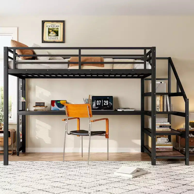 Lit mezzanine double XL avec bureau et escalier de rangement, lits superposés en métal avec lumières LED, ports USB, filets en fer multifonctionnels, sans sommier, noir
