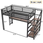 Lit mezzanine double XL avec bureau et escalier de rangement, lits superposés en métal avec lumières LED, ports USB, filets en fer multifonctionnels, sans sommier, noir