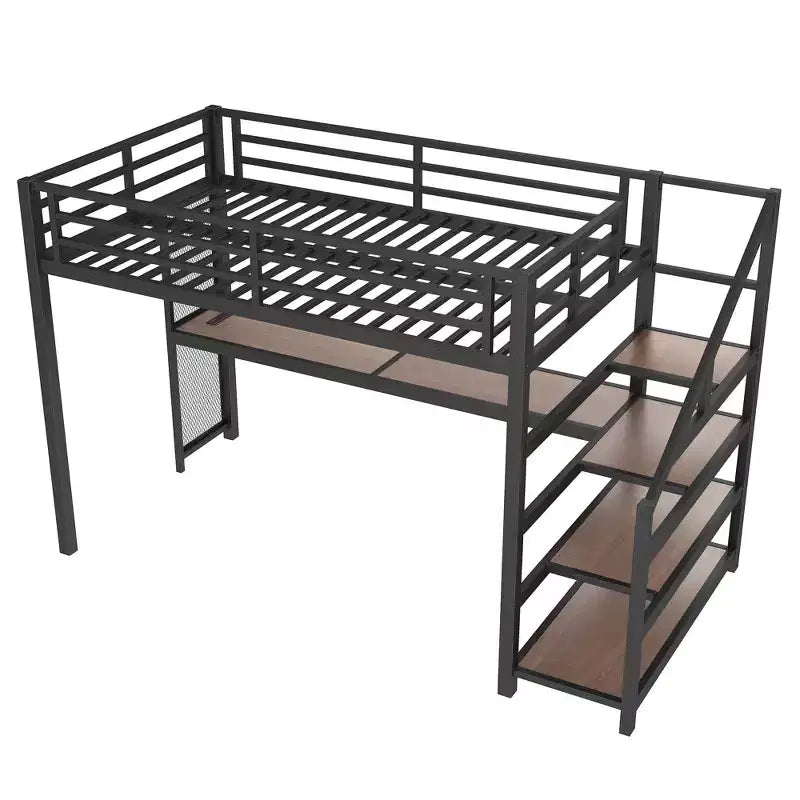 Lit mezzanine double XL avec bureau et escalier de rangement, lits superposés en métal avec lumières LED, ports USB, filets en fer multifonctionnels, sans sommier, noir