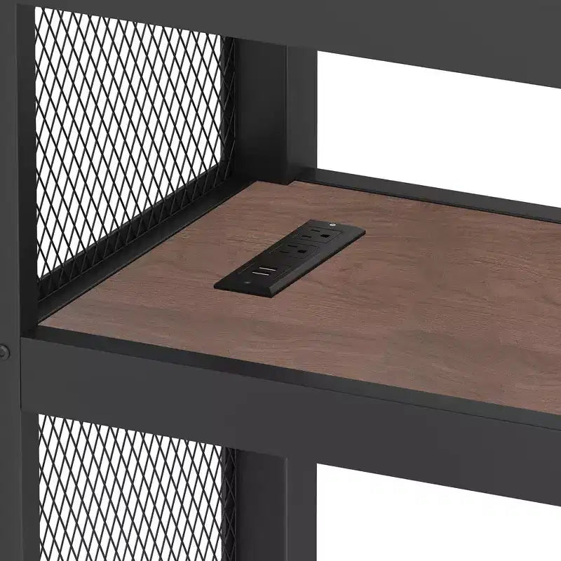 Lit mezzanine double XL avec bureau et escalier de rangement, lits superposés en métal avec lumières LED, ports USB, filets en fer multifonctionnels, sans sommier, noir