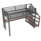 Lit mezzanine double XL avec bureau et escalier de rangement, lits superposés en métal avec lumières LED, ports USB, filets en fer multifonctionnels, sans sommier, noir