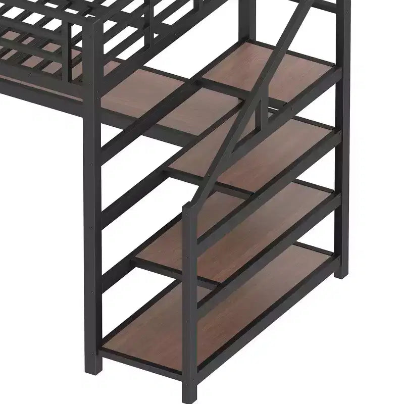 Lit mezzanine double XL avec bureau et escalier de rangement, lits superposés en métal avec lumières LED, ports USB, filets en fer multifonctionnels, sans sommier, noir