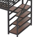 Lit mezzanine double XL avec bureau et escalier de rangement, lits superposés en métal avec lumières LED, ports USB, filets en fer multifonctionnels, sans sommier, noir