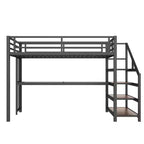 Lit mezzanine double XL avec bureau et escalier de rangement, lits superposés en métal avec lumières LED, ports USB, filets en fer multifonctionnels, sans sommier, noir