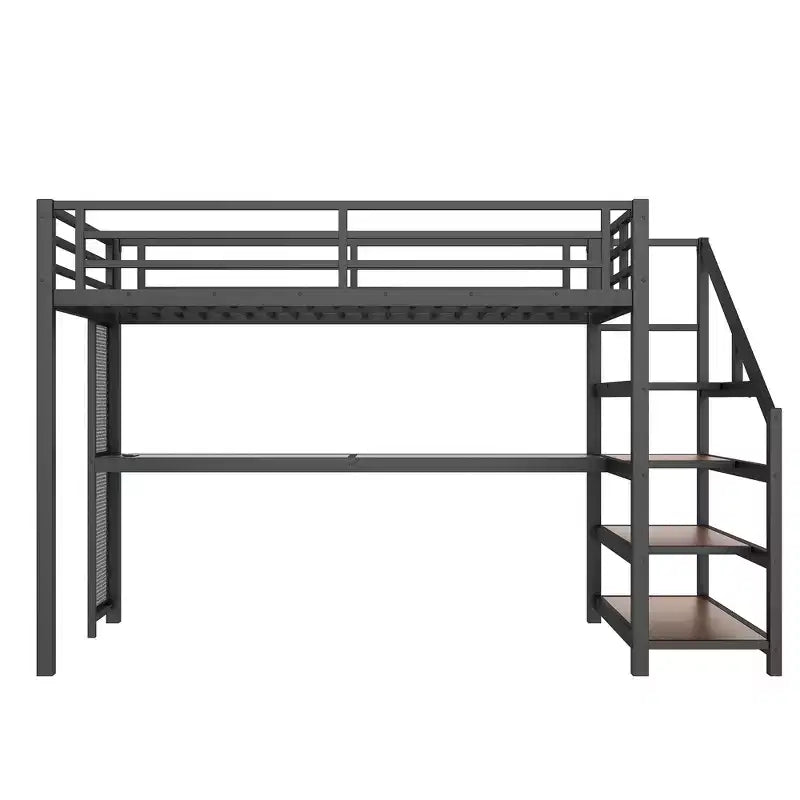 Lit mezzanine double XL avec bureau et escalier de rangement, lits superposés en métal avec lumières LED, ports USB, filets en fer multifonctionnels, sans sommier, noir