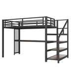 Lit mezzanine double XL avec bureau et escalier de rangement, lits superposés en métal avec lumières LED, ports USB, filets en fer multifonctionnels, sans sommier, noir