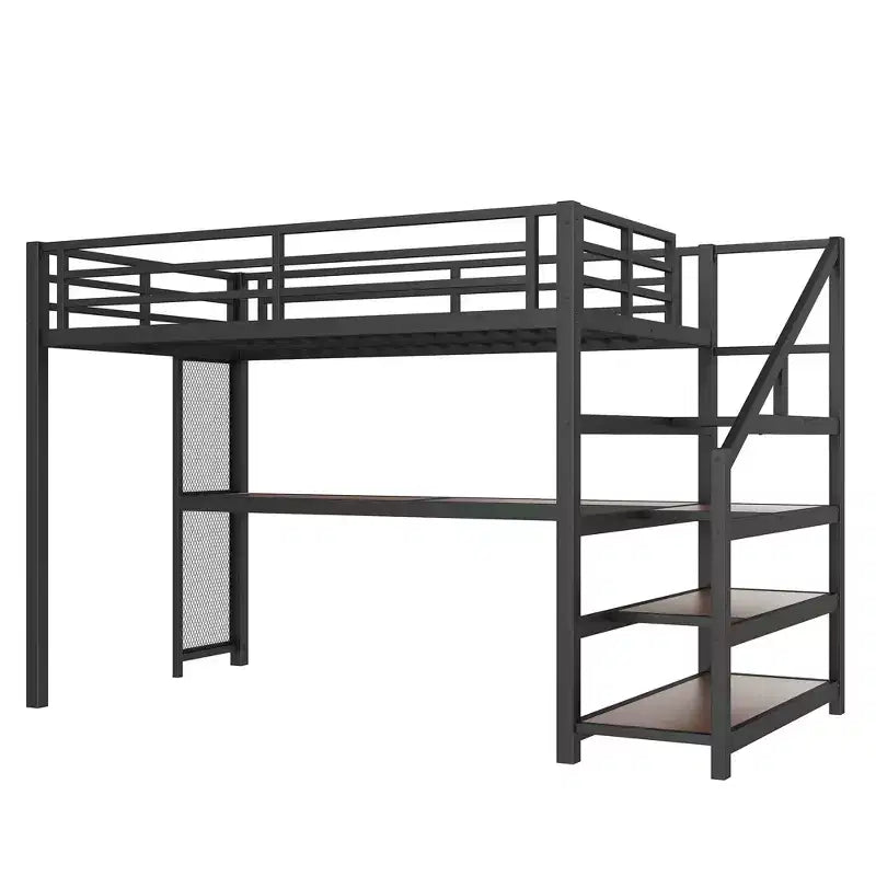 Lit mezzanine double XL avec bureau et escalier de rangement, lits superposés en métal avec lumières LED, ports USB, filets en fer multifonctionnels, sans sommier, noir