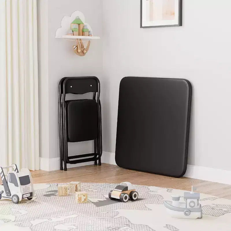 Ensemble Table et Chaises Pliantes 3 Pièces pour Enfants - Sièges Rembourrés en PU Doux, Aucun Assemblage Requis, Compact Portable, Utilisation Intérieure Extérieure pour Lecture Jeu