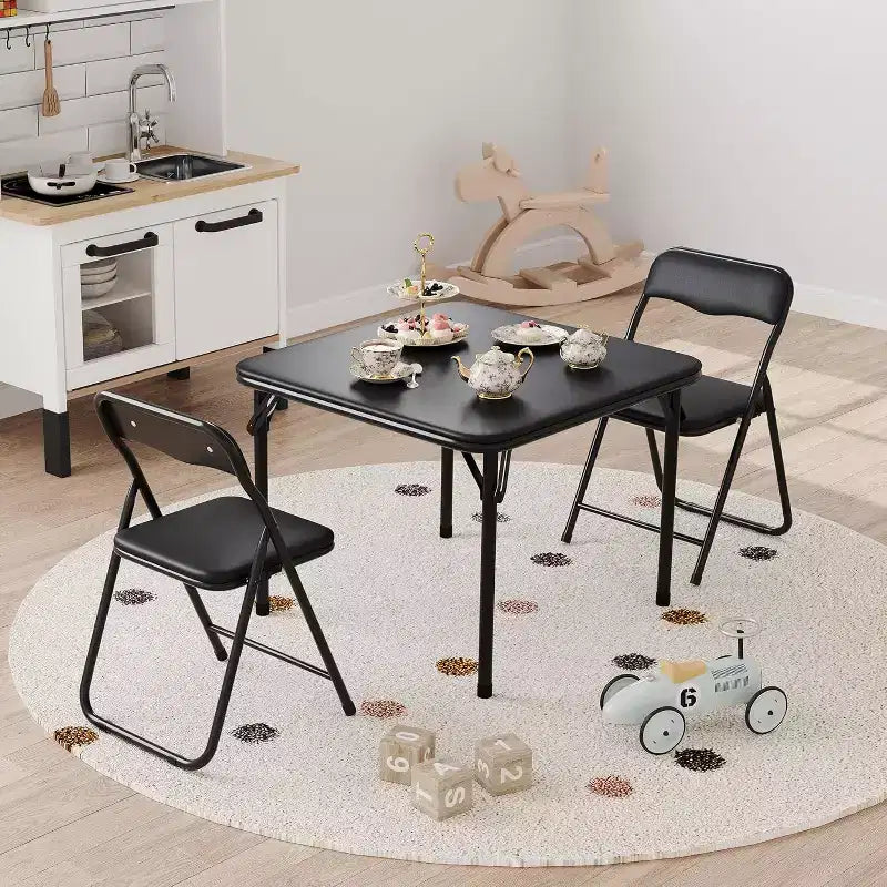 Ensemble Table et Chaises Pliantes 3 Pièces pour Enfants - Sièges Rembourrés en PU Doux, Aucun Assemblage Requis, Compact Portable, Utilisation Intérieure Extérieure pour Lecture Jeu