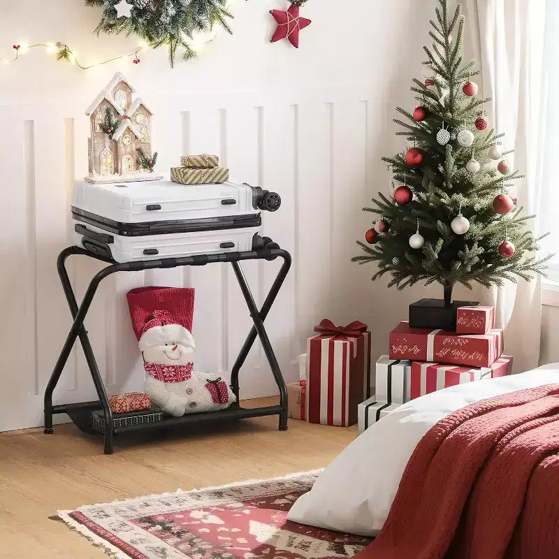 ACOINEL Porte-Bagages Pliant avec Étagère de Rangement en Tissu, Support de Valise de 45 kg pour Chambre d'amis, Chambre à Coucher, Hôtel - Gain de Place, Noir