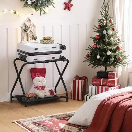 ACOINEL Porte-Bagages Pliant avec Étagère de Rangement en Tissu, Support de Valise de 45 kg pour Chambre d'amis, Chambre à Coucher, Hôtel - Gain de Place, Noir