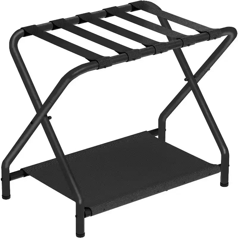 ACOINEL Porte-Bagages Pliant avec Étagère de Rangement en Tissu, Support de Valise de 45 kg pour Chambre d'amis, Chambre à Coucher, Hôtel - Gain de Place, Noir