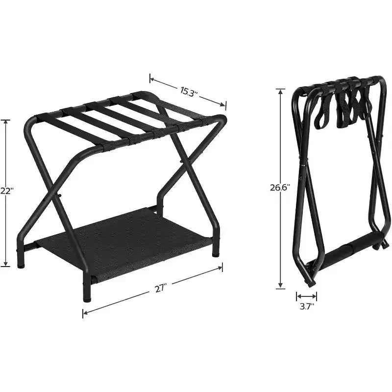 ACOINEL Porte-Bagages Pliant avec Étagère de Rangement en Tissu, Support de Valise de 45 kg pour Chambre d'amis, Chambre à Coucher, Hôtel - Gain de Place, Noir