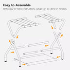 ACOINEL Porte-Bagages Pliant avec Étagère de Rangement en Tissu, Support de Valise de 45 kg pour Chambre d'amis, Chambre à Coucher, Hôtel - Gain de Place, Noir