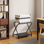 ACOINEL Porte-Bagages Pliant avec Étagère de Rangement en Tissu, Support de Valise de 45 kg pour Chambre d'amis, Chambre à Coucher, Hôtel - Gain de Place, Noir