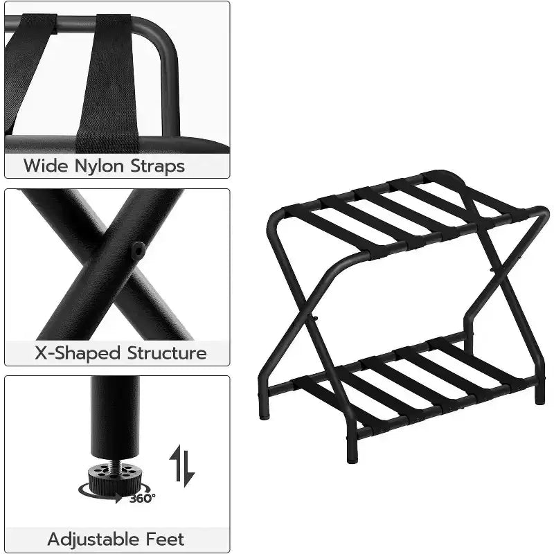 ACOINEL Porte-Bagages Pliant avec Étagère de Rangement en Tissu, Support de Valise de 45 kg pour Chambre d'amis, Chambre à Coucher, Hôtel - Gain de Place, Noir