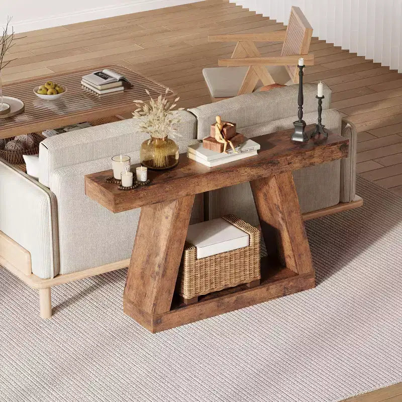 55 Table console de ferme, Table d'entrée étroite à 2 niveaux avec rangement, Table de canapé en bois derrière le canapé pour le salon, le couloir, l'entrée, la chambre à coucher