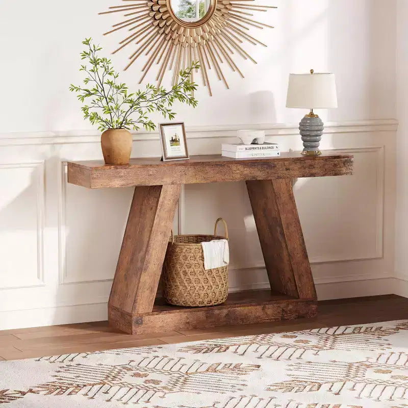 55 Table console de ferme, Table d'entrée étroite à 2 niveaux avec rangement, Table de canapé en bois derrière le canapé pour le salon, le couloir, l'entrée, la chambre à coucher