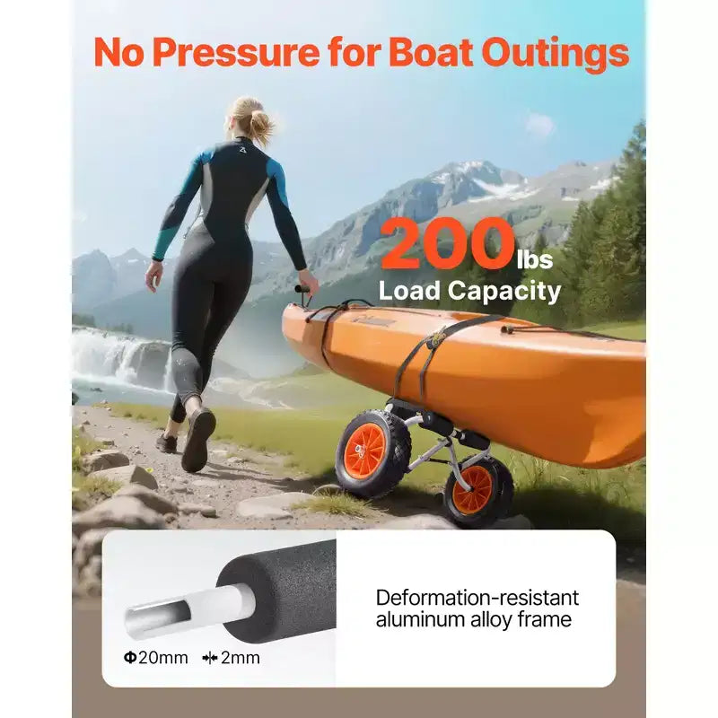 Chariot de kayak VEVOR, capacité de charge de 90 kg, chariot de kayak pliable avec pneus en caoutchouc plein de 25 cm et 1 sangle à cliquet, chariot de planche à pagaie, noir + orange