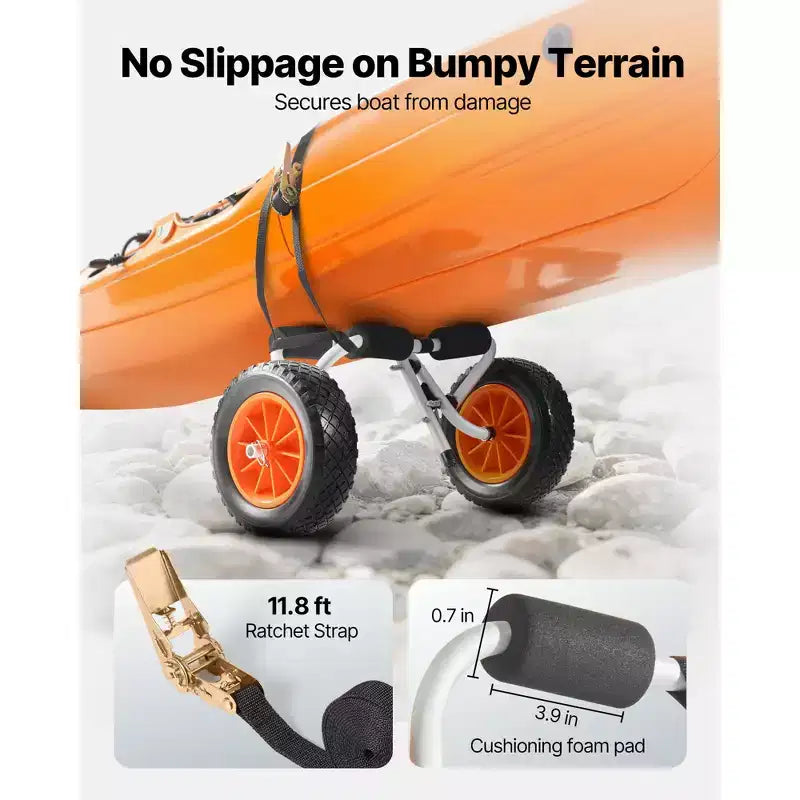 Chariot de kayak VEVOR, capacité de charge de 90 kg, chariot de kayak pliable avec pneus en caoutchouc plein de 25 cm et 1 sangle à cliquet, chariot de planche à pagaie, noir + orange