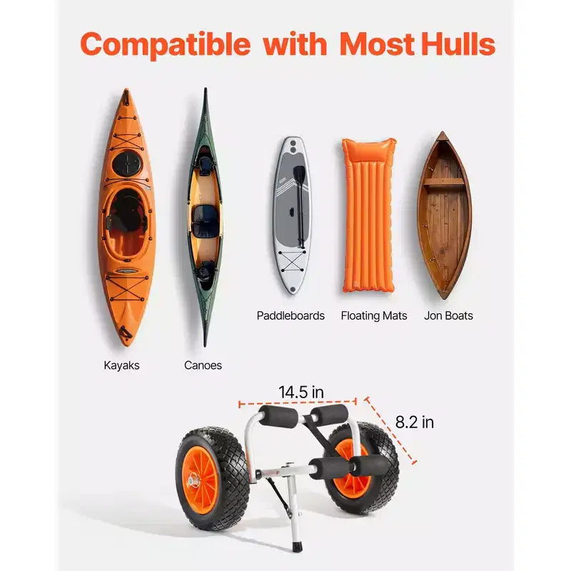 Chariot de kayak VEVOR, capacité de charge de 90 kg, chariot de kayak pliable avec pneus en caoutchouc plein de 25 cm et 1 sangle à cliquet, chariot de planche à pagaie, noir + orange