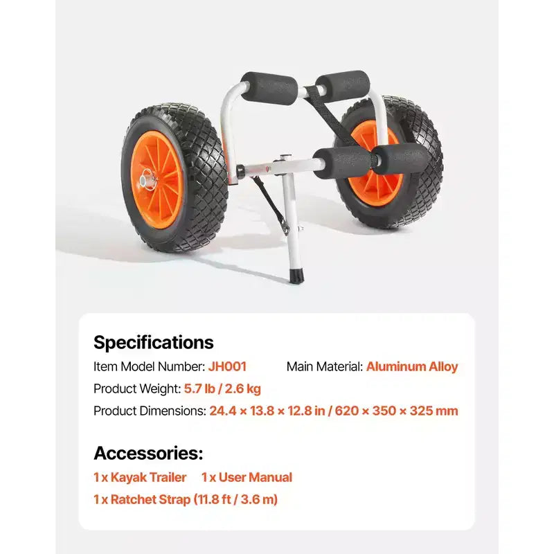 Chariot de kayak VEVOR, capacité de charge de 90 kg, chariot de kayak pliable avec pneus en caoutchouc plein de 25 cm et 1 sangle à cliquet, chariot de planche à pagaie, noir + orange
