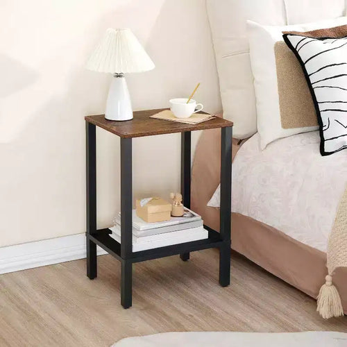 ACOINEL 2-Tier Small Side Table with Faux Rattan Decoration, Rustic Brown & Black Nightstand for Living Room/Bedroom, Space-Saving