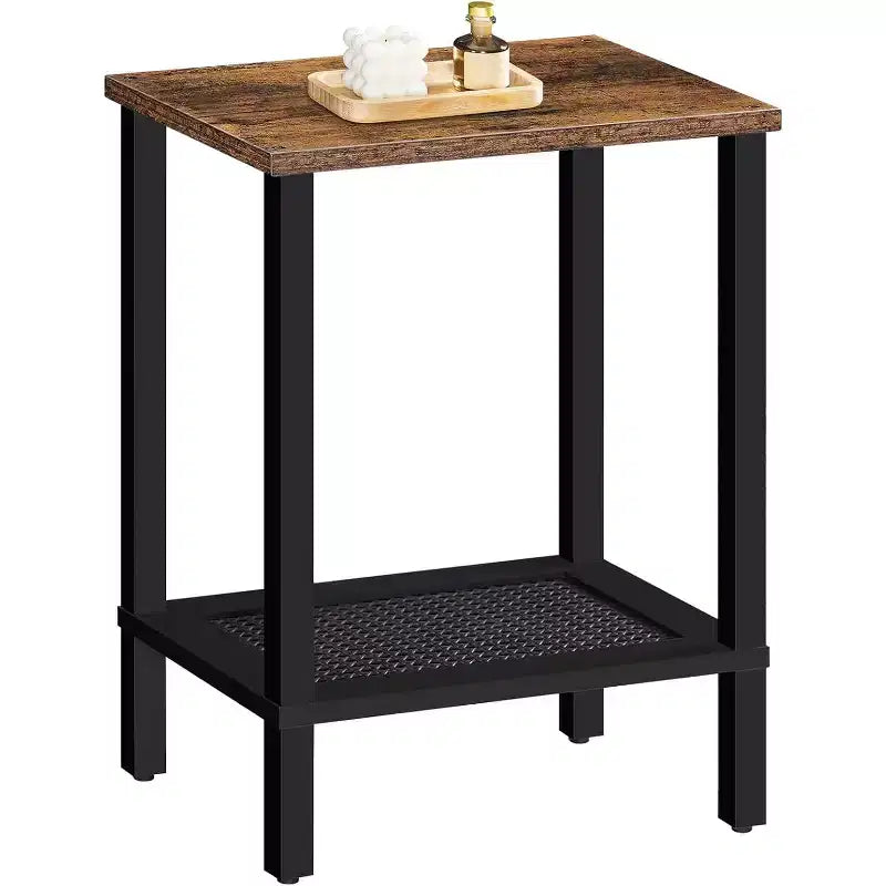 ACOINEL Petite table d'appoint à 2 niveaux avec décor en similicuir rotin, table de chevet rustique marron et noire pour salon/chambre, peu encombrante