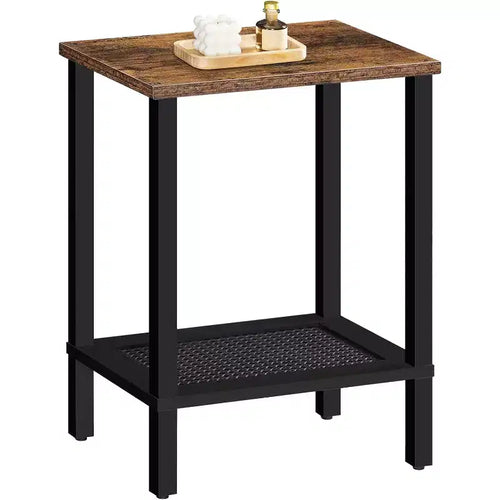 ACOINEL Petite table d'appoint à 2 niveaux avec décor en similicuir rotin, table de chevet rustique marron et noire pour salon/chambre, peu encombrante