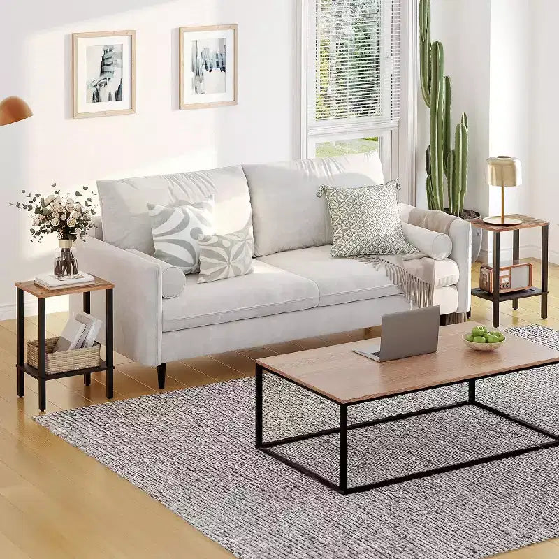 ACOINEL Petite table d'appoint à 2 niveaux avec décor en similicuir rotin, table de chevet rustique marron et noire pour salon/chambre, peu encombrante