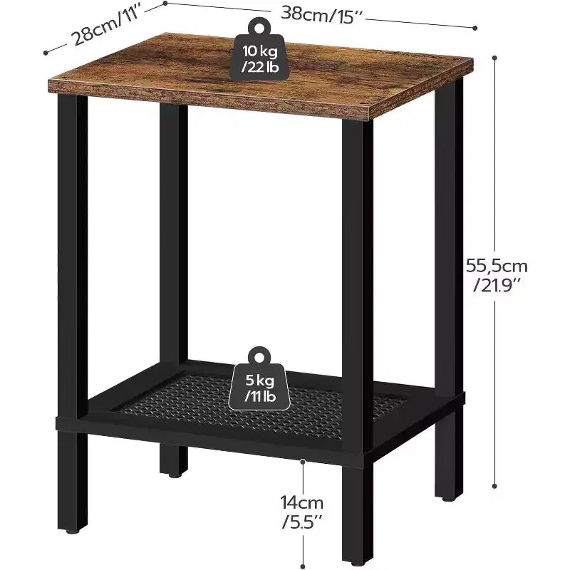 ACOINEL Petite table d'appoint à 2 niveaux avec décor en similicuir rotin, table de chevet rustique marron et noire pour salon/chambre, peu encombrante
