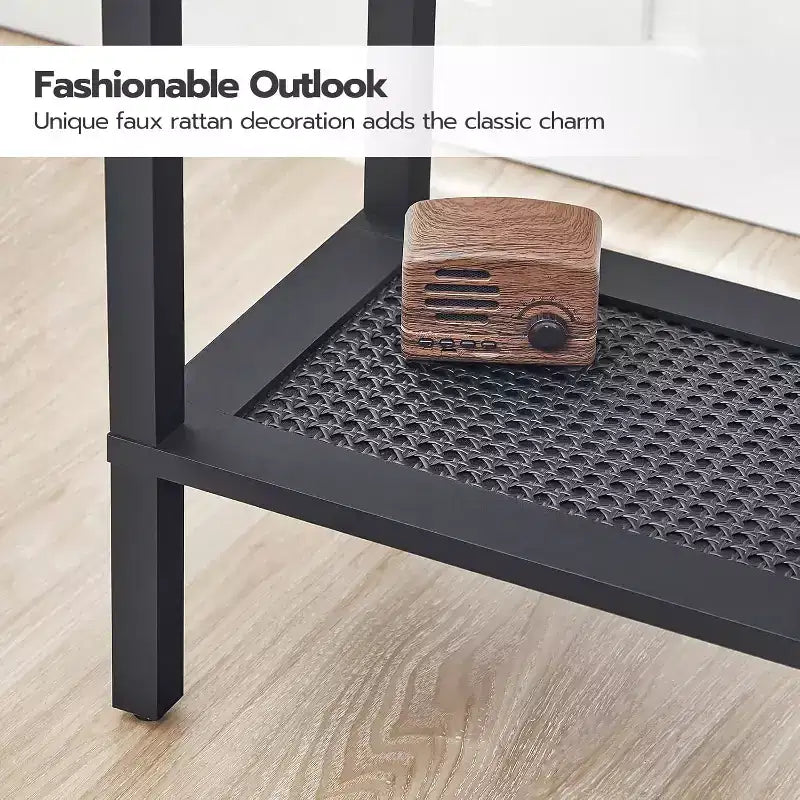 ACOINEL Petite table d'appoint à 2 niveaux avec décor en similicuir rotin, table de chevet rustique marron et noire pour salon/chambre, peu encombrante