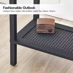 ACOINEL Petite table d'appoint à 2 niveaux avec décor en similicuir rotin, table de chevet rustique marron et noire pour salon/chambre, peu encombrante