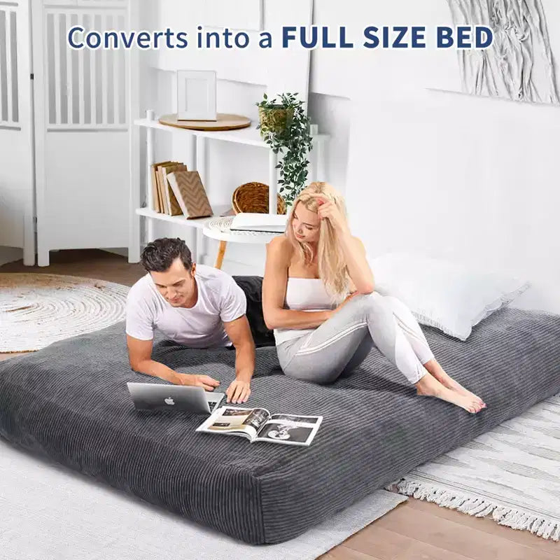 Canapé de sol convertible en matelas, grand pouf en velours côtelé avec lit, mousse souple haute densité, housse amovible lavable