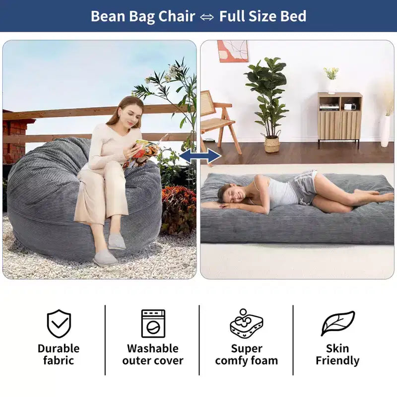 Canapé de sol convertible en matelas, grand pouf en velours côtelé avec lit, mousse souple haute densité, housse amovible lavable