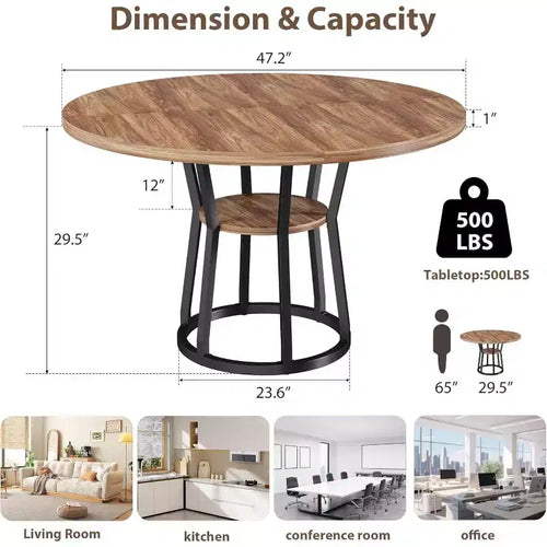 Table de salle à manger ronde de 119 cm, table de salle à manger circulaire de style rustique, pieds en métal, pour cuisine, salon, salle à manger