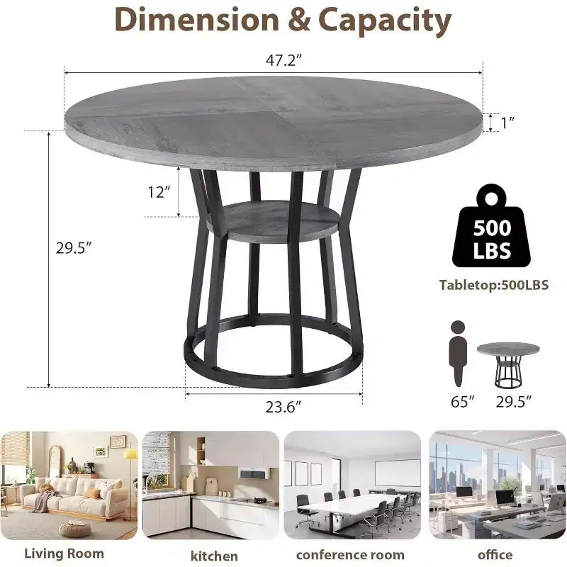 Table de salle à manger ronde de 119 cm, table de salle à manger circulaire de style rustique, pieds en métal, pour cuisine, salon, salle à manger