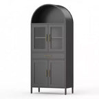 56'' Arched Cabinet with Glass Doors, Metal Kitchen Pantry with Storage Drawer & 2 Adjustable Shelves, Modern Display Bookcase for Living Room
