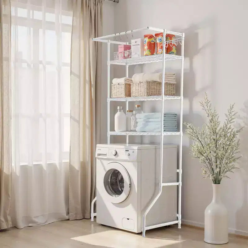Étagère de rangement à 3 niveaux pour lave-linge/sèche-linge avec tringle de suspension, crochets et étagères réglables pour buanderie