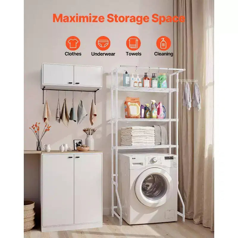 Étagère de rangement à 3 niveaux pour lave-linge/sèche-linge avec tringle de suspension, crochets et étagères réglables pour buanderie