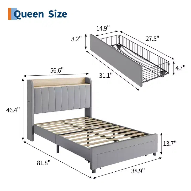 Cadre de lit plateforme rembourré COZONY Twin / Queen, tête de lit de rangement avec station de recharge et tiroirs