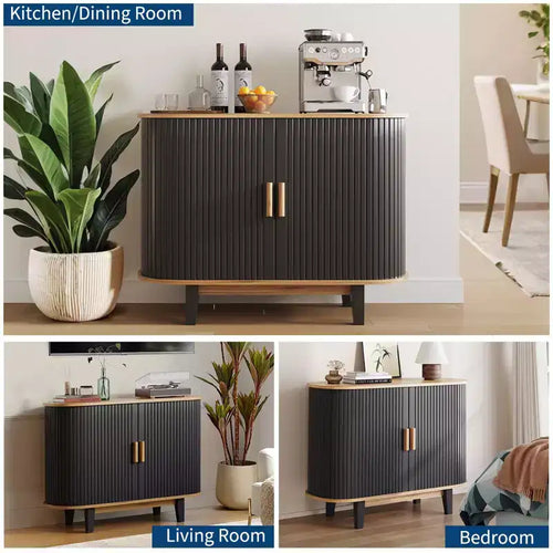 Bahut cannelé de 101,6 cm, Armoire de rangement avec porte coulissante et étagère réglable, Desserte de rangement moderne, Table console de bar à rideaux