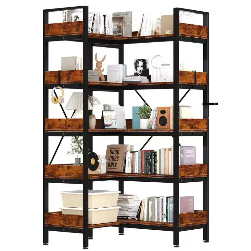 L Shaped Reversible Corner 5 Tier Bookcase, Industrial Wood Bookcase, 65 Inch Etagere Bookshelf with Adjustable Feet and Metal Frame for Living Room