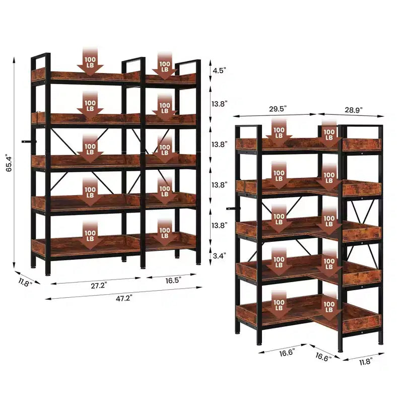 Étagère d'angle réversible en L à 5 niveaux, bibliothèque industrielle en bois, étagère de 165 cm avec pieds réglables et cadre métallique pour salon