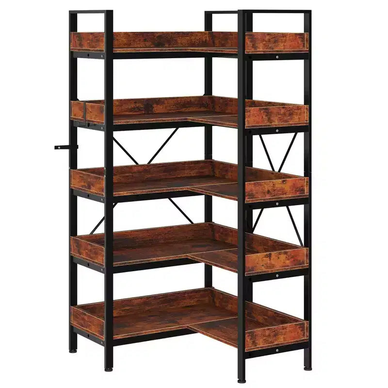 Étagère d'angle réversible en L à 5 niveaux, bibliothèque industrielle en bois, étagère de 165 cm avec pieds réglables et cadre métallique pour salon